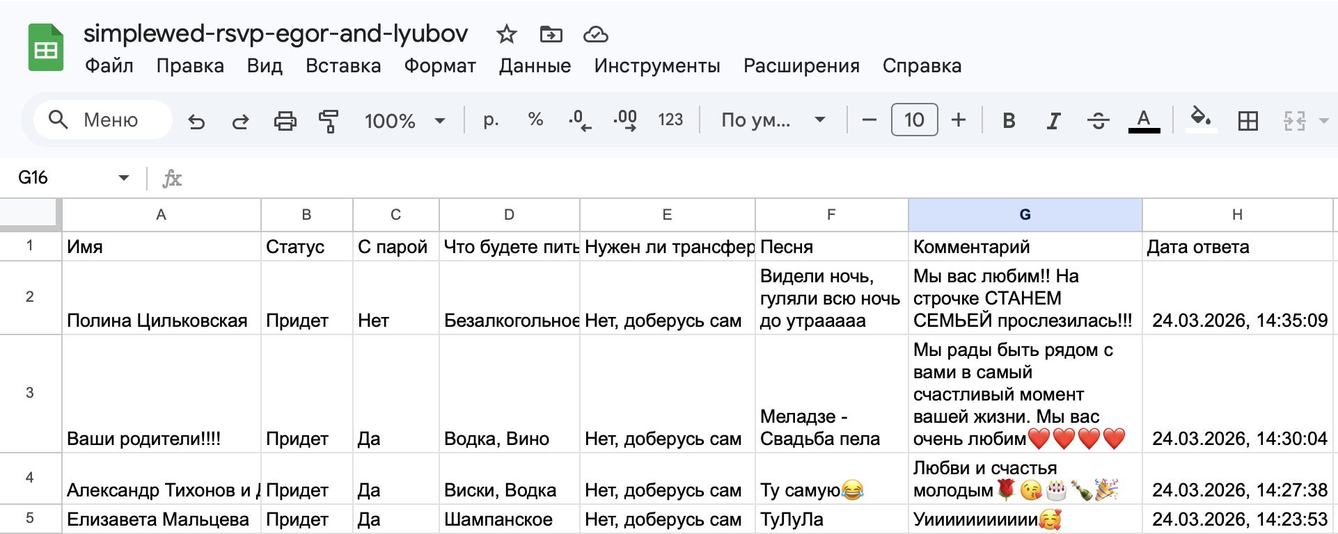 Пример Excel таблицы с ответами гостей